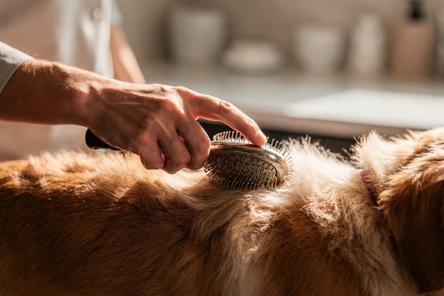 A groomer gently brushing out a dog's clean coat in soft daylight